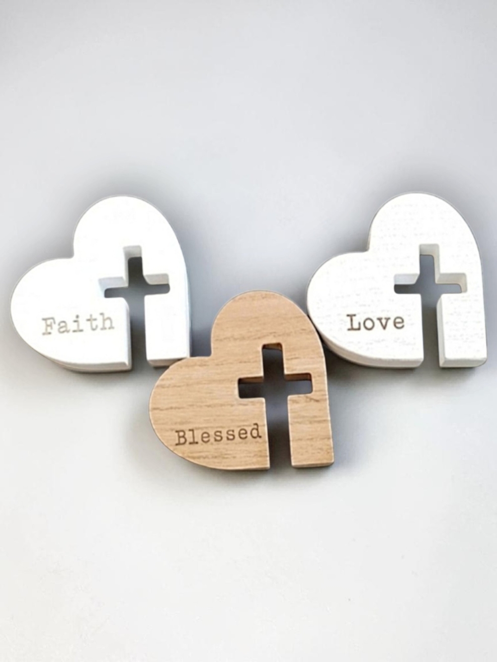 Faith Blessed Love Heart Stackable Wood Decor - White and Natural - Picture 3 of 10